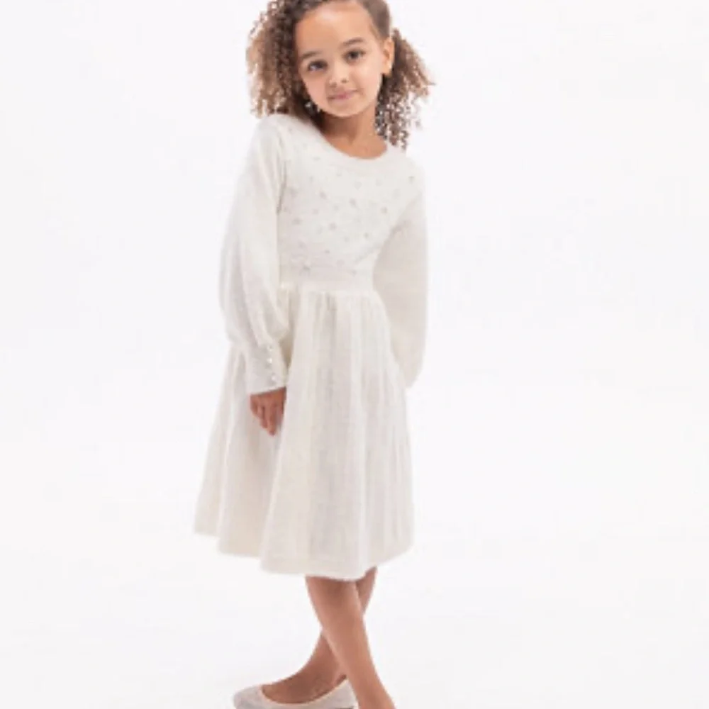 RARE EDITIONS white ivory long sleeve dress with pearl details